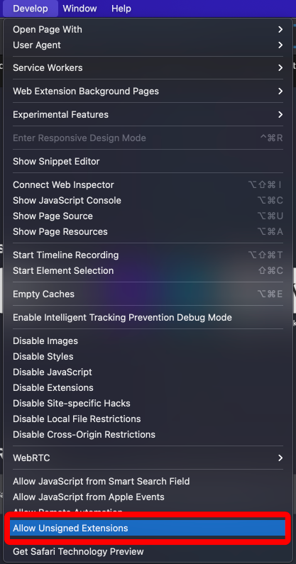 Safari develop menu